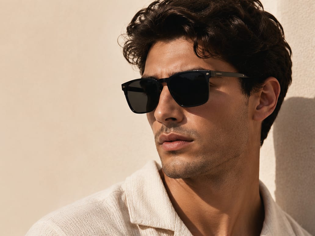 Homme portant des lunettes de soleil noires en extérieur