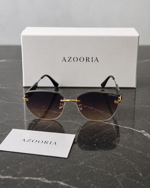 Prada Rimless Doré — vue face avec coffret AZOORIA